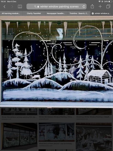 Snowy Window Display, Painted Window Christmas Scenes, Holiday Window Painting Diy, How To Paint On Windows, Winter Painted Windows, Window Winter Painting, Chalk Pen Christmas Window, Winter Wonderland Window Painting, Snowman Window Painting