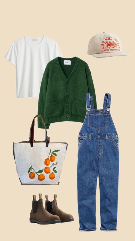 Fall outfits / overalls outfit / blundstones / green cardigan / green sweater / white tee / hat / sendero hat / tote bag / farmers market / Fall San Diego Outfits, Overalls And Sweater Outfit, Farmers Market Outfit Fall, Fall Farmers Market Outfit, Fall Outfits Overalls, Overall Outfit Fall, Fall Overalls Outfit, Fall Overall Outfits, Green Overalls Outfits