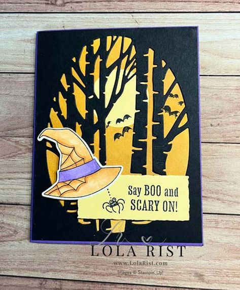 An Awesome Halloween Background! - Lola Rist, Stampin' Up! Demonstrator Stampinup Halloween Cards, Stampin Up Playful Ghosts, Halloween Cards Stampin Up Ideas, Su Bewitching, Stampin Up Halloween Cards, Aspen Dies, Perched In A Tree, Aspen Tree, Carte Halloween