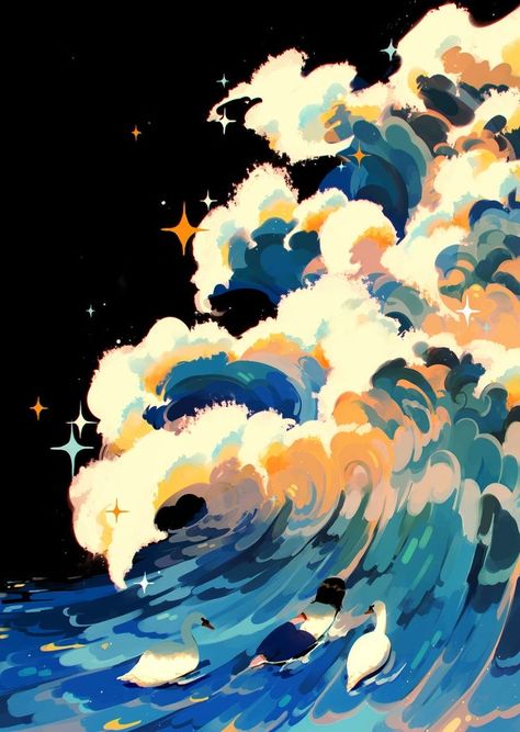 Aesthetic Computer Backgrounds, Arte Inspo, Wow Art, 판타지 아트, The Wave, 그림 그리기, Pretty Art, Night Sky, Aesthetic Art