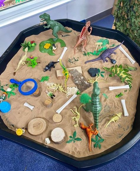 Dinosaur Tuff Tray, Dinosaur Provocations, Dinosaur Topic Eyfs, Dinosaur Tough Tray Ideas, Sand Tray Ideas Eyfs, Dinosaur Loose Parts Play, Dinosaur Continuous Provision, Dinosaur Sorting Activity, Dinosaur Messy Play Tray