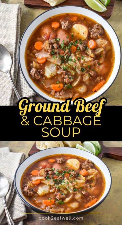 In this Ground Beef and Cabbage Soup, simple ingredients combine to create a hearty and wholesome meal. This soup is packed with vegetables and satisfying ground beef, all simmered in a rich, savory broth. Plus, it comes together quickly with easy-to-find, affordable ingredients, making it perfect for weeknight dinners. Hearty Cabbage Soup, Hamburg And Cabbage Soup, Cabbage Soup With Ground Beef Crock Pot, Cabbage Soup With Beef Broth, Soups Using Beef Broth, Cabbage Ground Beef Soup, Healthy Beef Soup Recipes, Cabbage And Ground Beef Soup, Ground Beef Cabbage Soup Recipes