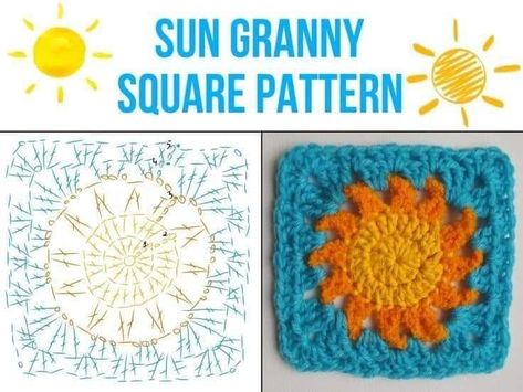 Sun Granny Square, Crochet Granny Square Pattern, Crochet Sun, Granny Square Crochet Patterns Free, Granny Square Pattern, Mode Crochet, Crochet Design Pattern, Granny Squares Pattern, Crochet Square Patterns