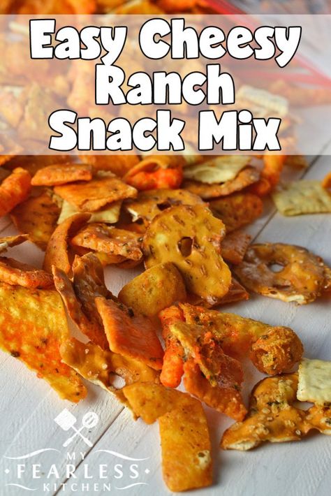 Easy Cheesy Ranch Snack Mix from My Fearless Kitchen. Snack mixes are so much fun to make - and to eat! Where else can you grab a little bit of all your favorite things, mix them together, and call it a recipe? This Easy Cheesy Ranch Snack Mix is exactly what it sounds like, and your whole family will love it! #recipes #snackmix #cheese #ranch #crackers Snacks Mix Recipes, Cheesy Snack Mix, Cheesy Ranch Chex Mix, Ranch Chex Mix, Ranch Crackers, Beer Snacks, Cheesy Ranch, Snack Mixes, Kid Snacks