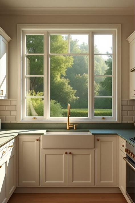 White kitchen with large window and garden view Kitchen Cabinet Next To Window, Kitchen All Windows, White Kitchen With Big Window, Kitchen Sink Offset From Window, White Kitchen Big Windows, Big Kitchen Sink Window, Windows Above Kitchen Sink, Under Kitchdn Cabinet Windows, Kitchen Windows Above Sink