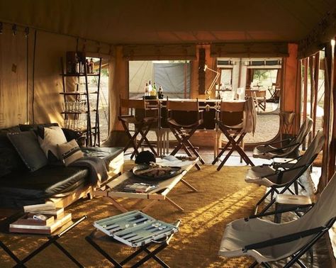 "Explore Mobile Tented Cam" operated by Singita a group that operates 12 lodges and camps in South Africa, Zimbabwe and Tanzania British Colonial Decor, Vintage Safari, Campaign Furniture, British Colonial Style, Safari Tent, Camping Style, Luxury Safari, Luxury Tents, Colonial Decor