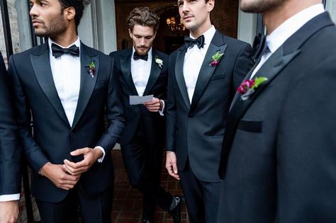 Groomsmen Guide Formal Groomsmen Attire, Client Aesthetic, Creative Black Tie, Tuxedo Bow Tie, Wedding Tux, Groomsmen Bowtie, Black And White Tuxedo, Classic Tuxedo, White Bow Tie