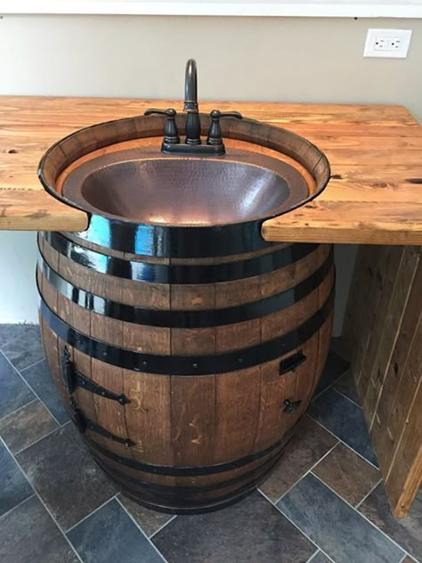 Custom DIY bar counter/sink Wine Barrel Sink Bathroom, Barrel Sink Bathroom, Wine Barrel Sink, Whiskey Barrel Sink, Whiskey Barrel Ideas, Rustic Basement Bar, Barrel Sink, Diy Seating, Barrel Ideas