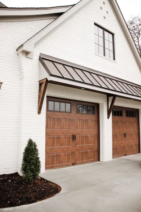 Cover Over Garage Door, Brick And Siding Garage, Awning On Front Of House, Room Over Garage Exterior, Homes With Metal Awnings, Awning Above Garage Door, Wood Front Door And Garage Door, Farmhouse Exterior Garage Doors, Overhangs For Garage Doors