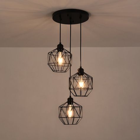 3-Light Cluster Black Geometric Pendant Light Cluster Pendant Light, Hanging Lights Kitchen, Geometric Pendant Light, Cluster Pendant Lighting, Cage Pendant Light, Metal Pendant Light, Metal Frames, Black Pendant Light, Task Lighting