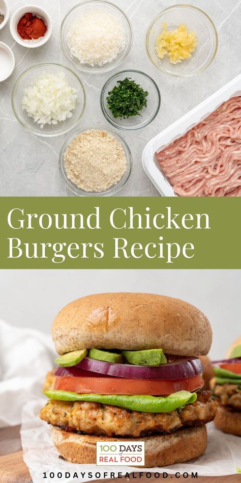 Healthy Ground Chicken Burgers. This easy Ground Chicken Burgers Recipe is perfect for a quick and easy lunch or dinner idea. Ground chicken burgers offer a leaner and healthier option than beef patties. Plus homemade chicken patties are easy to make and flavorful. The best part? These Ground Chicken Burgers are great baked in the oven, thrown on the grill, or cooked in the air fryer. Homemade Chicken Patties, Healthy Ground Chicken, Ground Chicken Burgers, Chicken Burgers Recipe, Beef Patties, Chicken Burger, Chicken Patties, Easy Lunch, Ground Chicken