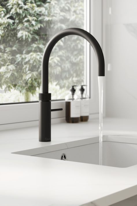 Looking for kitchen tap ideas or kitchen sink ideas? Check out our Quooker Fusion Round Satin Black 3 in 1 Boiling Water Tap for all of your kitchen tap inspiration. This black kitchen tap looks perfect with a white marble kitchen countertop and helps create a modern kitchen design. Tap For Kitchen Sink, Black Tap Kitchen Sinks, Black Kitchen Tap And Sink, Black Quooker Tap, White Sink With Black Faucet, White Kitchen Black Tap, Countertop Sink Kitchen, Kitchen Sink And Tap Ideas, Kitchen Sink Taps Modern