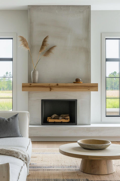 40 Amazing Modern Mantel Decor Ideas You Should See Now Fireplace Surround And Mantel Ideas, California Fireplace Ideas, Bench Under Fireplace, Lime Plaster Fireplace, White Oak Mantle Fireplace, Bump Out Fireplace Wall, Mantle Piece Ideas, Plaster Fireplace With Wood Mantel, Magnolia Fireplace