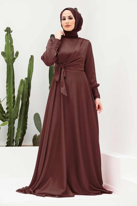 Brown Silk Dress Hijab, Brown Satin Dress Hijab, Modest Fitted Brown Maxi Dress, Gown With Hijab, Muslim Engagement Dress, Urban Modesty, Brown Abaya Designs, Elegant Long Sleeve Brown Abaya, Modest Prom