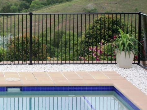 Metal Pool Fence, Fence Around Pool, Aluminum Pool Fence, Aluminum Pool, Painting Brick, Metal Pool, Pool Fences, Backyard Plans, Aluminium Fence