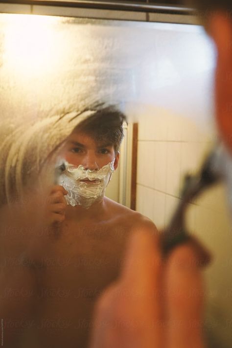 Male Shower Aesthetic, Shaving Aesthetic Men, Man In Mirror Photography, Man In Front Of Mirror, Bathtub Photoshoot Male, Man In Bathtub Photography, Shaving Photography, Man Shaving Aesthetic, Man Looking In Mirror