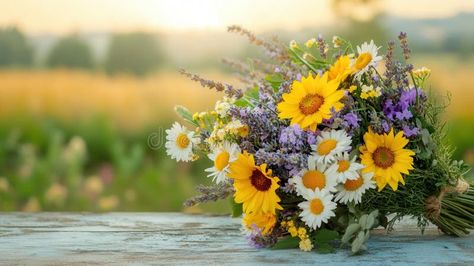 This charming bouquet showcases vibrant wildflowers like sunflowers and daisies, elegantly displayed on a rustic table stock photos Sunflowers And Daisies, Rustic Table, Wild Flowers, Sunflower, Daisy, Stock Images, Stock Photos