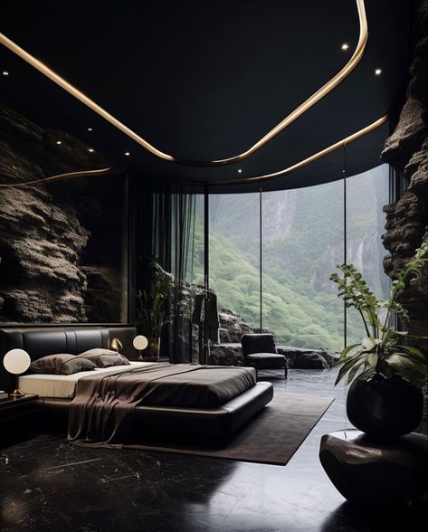 Luxury Dark Bedroom Design, Luxury Bedroom Black, Black Luxury Bedroom Aesthetic, Dark Luxurious Bedrooms, Dark Interior Design Luxury Bedroom, Black Luxury House Bedroom, Luxury Bedroom Master Black, Dark Mansion Bedroom, Dark Modern Luxury Bedroom