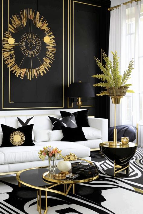 Elevate your living room with a timeless black and white color scheme accented by luxurious gold touches. From geometric patterns to sleek metallic accents, create a sophisticated and inviting space thats both chic and cozy. Gold And White Living Room Ideas, Gold And Black Living Room, Black White And Gold Living Room, Black White Gold Living Room, Black Gold Room, Black And Gold Living Room, Black And White Living Room Decor, Silver Living Room, Black Living Room Decor