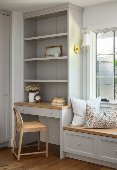 Jutland Lane || Tamara René Designs Built In Desk By Window, Desk In Front Window, Desk Next To Closet, Window Seat And Desk Built Ins, Living Room Built In With Desk, Girls Bedroom Built Ins, Office Built Ins With Window, Desk Cabinet Ideas, Billy Bookcase Desk Hack