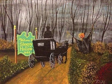 Old Fashioned Halloween, Halloween Boards, The Legend Of Sleepy Hollow, Washington Irving, Halloween Facts, Halloween Artwork, Halloween Illustration, Halloween Painting, Halloween Images