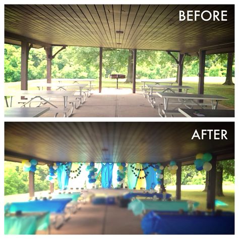 Snapshot of the park pavilion before and after we set up for the graduation party. Pavilion Birthday Decor, Park Pavilion Decor, Birthday Pavilion Decorations, Party At Park Decorations, Decorating Pavilion For Party, Birthday Party Pavilion Decorations, Pavilion Grad Party Decorations, Park Parties Ideas, Park Decorations Birthday