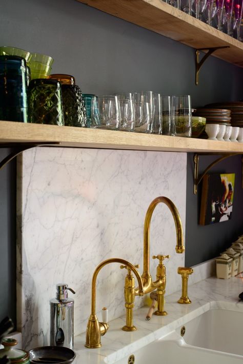 Should I have a real marble worktop in my kitchen? A blog comparing pros and cons of marble and quartz worktops. - The deVOL Journal - deVOL Kitchens Carrara Marble Backsplash, Townhouse Kitchen, Classic English Kitchen, Brass Kitchen Tap, Beautiful Tile Floor, Wooden Worktops, Farmhouse Backsplash, Beadboard Backsplash, Devol Kitchens