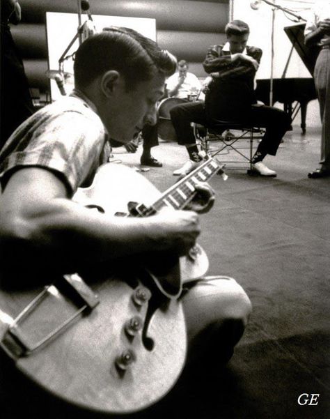 Great picture of Scotty Moore playing as Elvis listens intently in the back ground. Scotty is best known for his backing of Elvis Presley in the first part of his career, between 1954 and the beginning of Elvis' Hollywood years. Scotty Moore, Brian Setzer, Rockabilly Music, Sun Records, Elvis Presley Pictures, Guitar Players, Rock N’roll, Artist Models, Rock'n Roll