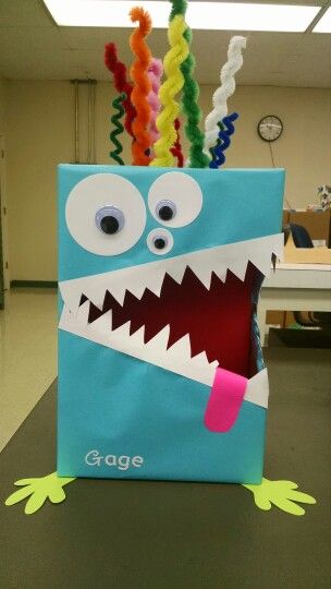 Halloween Candy Box Ideas Diy, Candy Monster Box Ideas, Candy Monster Donation Bin, Monster Box For Candy, Monster Valentine Box Ideas, Monster Valentines Boxes, Monster Boxes Ideas, Cardboard Monster, Halloween Door Decorations Classroom