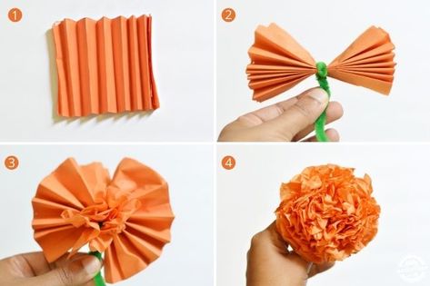 Fall Tissue Paper Flowers Diy, Mexican Flowers Diy, How To Make Marigolds With Tissue Paper, Ofrenda Flowers Diy, Diy Paper Marigolds, Paper Marigold Garland Diy, Diy Marigold Flowers Tissue Paper, How To Make Marigold Flowers, Marigold Tissue Paper Flowers