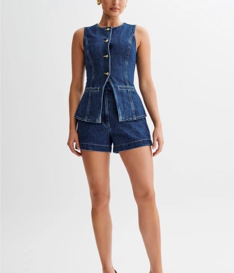 Just in time for fall… shop our new arrivals! 🍂🍁 Denim Two Piece, Denim Fashion Women, Sleeveless Suit, Womens Fashion Jeans, Short Models, Leather Denim, Fashion Icon, Sleeveless Vest, Denim Jumpsuit