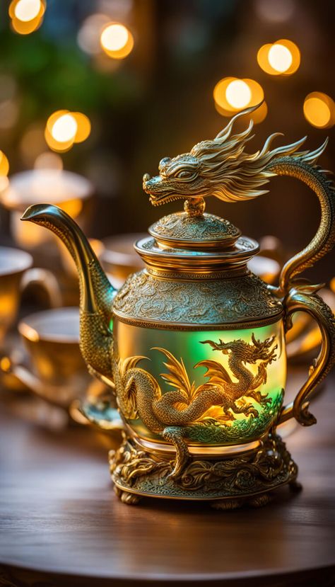 Decoration - Beautiful teapot shaped like an Asian dragon - AI creation Dragon Teapot, Chinese Dragon Art, Dragon Tea, Art Deco Artwork, Teapots Unique, Asian Dragon, Herbal Magic, Fantasy Castle, Teapots And Cups