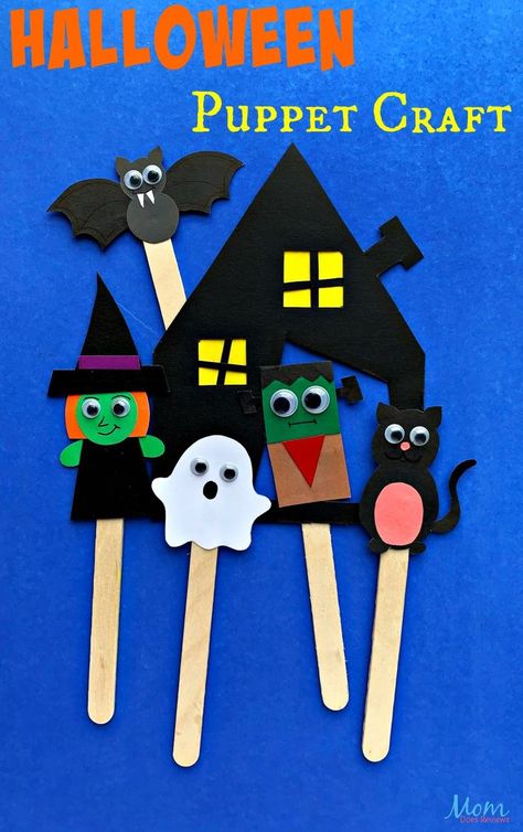 Adorable Halloween Puppet Craft for Kids #halloween #craft #puppets Halloween Bats Crafts, Halloween Treat Bags Diy, Popsicle Stick Crafts For Kids, Diy Halloween Treats, Halloween Party Activities, Puppet Craft, Classroom Halloween Party, Ghost Crafts, Spider Crafts