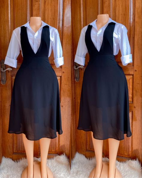 Pinafore Dress Outfit Work, Corporate Pinafore Dress Outfit, Casual Pinafore Dress For Work, Fitted Cotton Pinafore Dress For Work, Fitted Black Pinafore Dress For Spring, Pinafore Dress Jumpsuits & Rompers, Pinafore Dress Outfit, Modest Dresses Fashion, Corporate Dress