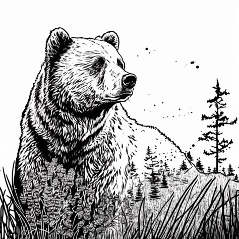 Black Bear Tattoo Women, Bear Forest Tattoo, Grizzly Bear Sketch, Bear Line Drawing, Bear Line Art, Grizzly Bear Drawing, Draw Bear, Black Bear Tattoo, Bear Stencil