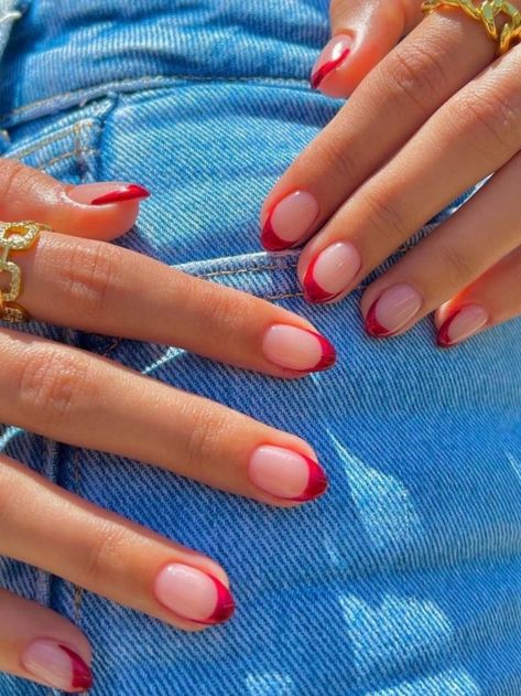 Red French Tip Nails: red velvet deep french tips Red French Tip Almond Nails Short, Red Tip Gel Nails French Manicures, Nail Ideas Red Tips, Dipped Tip Nails, Neutral Nails With Red Design, Red Nails With Tips, Base Color For French Manicure, Red French Tip Nails Natural, French Nail Red Tip