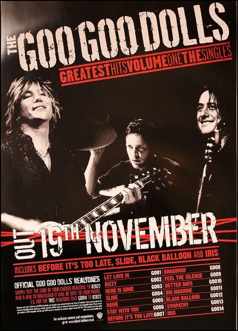 The Goo Goo Dolls Poster, Iris Goo Goo Dolls, The Goo Goo Dolls, Radio Song, Goo Goo Dolls, Vintage Music Posters, Band Nerd, Most Played, Buffalo New York