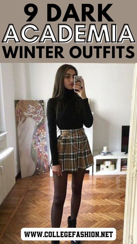 dark academia winter outfits Fall Tights Outfit Casual, Dark Academia Trousers Outfit, Work Outfit Ideas Winter, Skirt Outfits For Winter Aesthetic, Cute Winter Business Casual Outfits, Winter Outfit Dark Academia, Walking Downtown Outfit, Plaid Skirts Aesthetic, Styling Black Tights