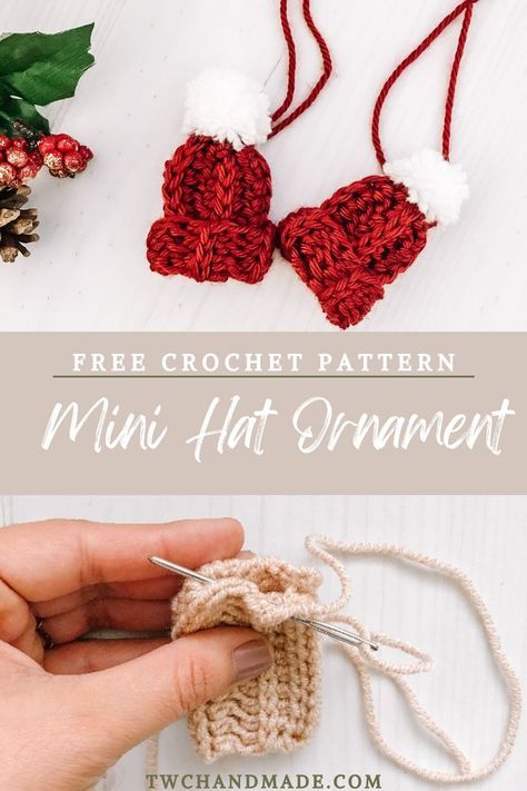 Crochet Tiny Hat Ornaments, Christmas Crochet Ornaments Patterns, Christmas Crochet Quick, Mini Crochet Ornaments Patterns, Last Minute Crochet Christmas Gifts, Mini Crochet Beanie, Mini Crochet Wreath, Quick Knit Christmas Gifts, Crochet Mini Christmas Wreath