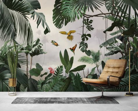 Rainforest Wallpaper Tropical Wall Mural Palm Tree Tropical - Etsy Tropical Wall Mural, Rainforest Wallpaper, Pink Flamingo Wallpaper, Palm Trees Wallpaper, Wallpaper Tropical, Flamingo Wallpaper, Forest Wall Mural, Wallpaper Companies, Jungle Wallpaper