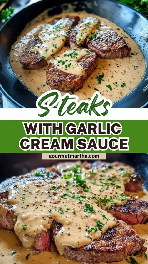 Elevate your dinner with these perfectly seared Steaks with Garlic Cream Sauce. Rich, creamy, and packed with garlicky goodness, this recipe takes your steak game to the next level. Ready to cook? Click for the recipe! #SteakDinner #GarlicCreamSauce #SteakRecipe #DinnerInspiration #EasyGourmet #SteakLovers #GarlicLovers #CreamySauce #QuickDinnerIdeas #DinnerTonight #FoodieFavorites #ComfortFood Steak With Ghostly Bourbon Garlic Cream Sauce, Steak With Garlic Cream Sauce, Garlic Sauce For Steak, Steak Cream Sauce, Garlic Cream Sauce Recipe, Garlic Steak, Parmesan Cream Sauce, Garlic Cream Sauce, Creamy Garlic Sauce