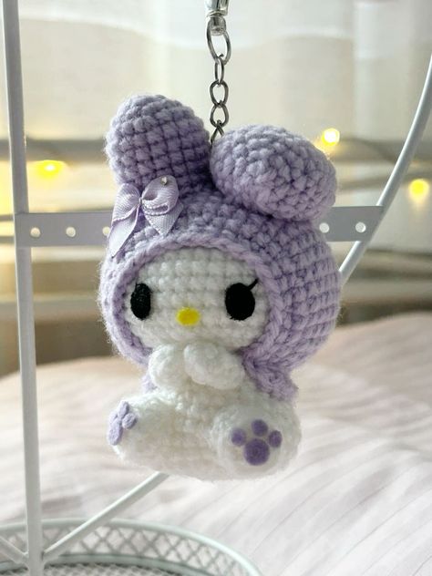 Sanrio Crochet Keychain, Crochet Purple Amigurumi, Purple Crochet Keychain, Kawaii Crochet Keychain, Crochet Keychain Aesthetic, Crochet Melody, Crochet My Melody, Purple Amigurumi, My Melody Crochet