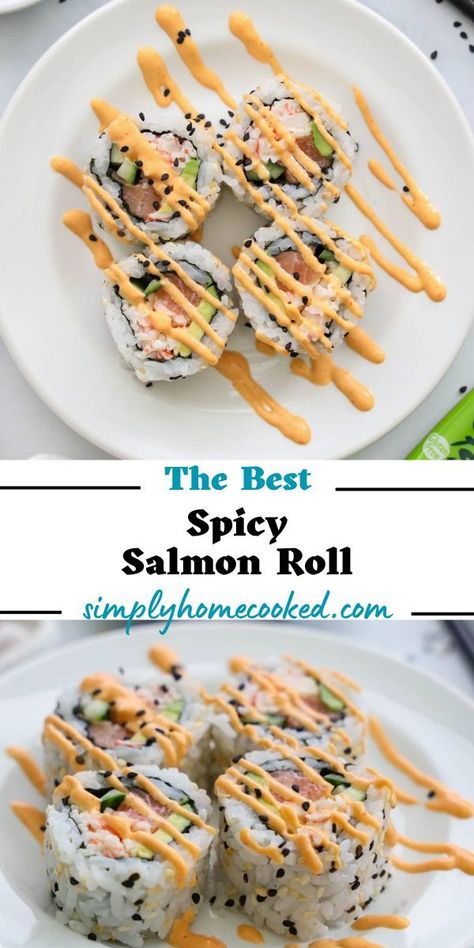 Salmon Sushi Recipes, Spicy Salmon Recipes, Spicy Salmon Roll, Spicy Salmon Sushi, Homemade Sushi Rolls, Salmon Sushi Rolls, Sushi Bowl Recipe, Sushi Recipes Homemade, Sushi Roll Recipes