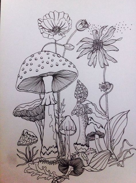 Idée pour dessiner des champignons Bujo Drawings, Beautiful Pencil Drawings, Mushroom Drawing, Moon Drawing, Hur Man Målar, Arte Sketchbook, Arte Inspo, 자수 디자인, Mushroom Art