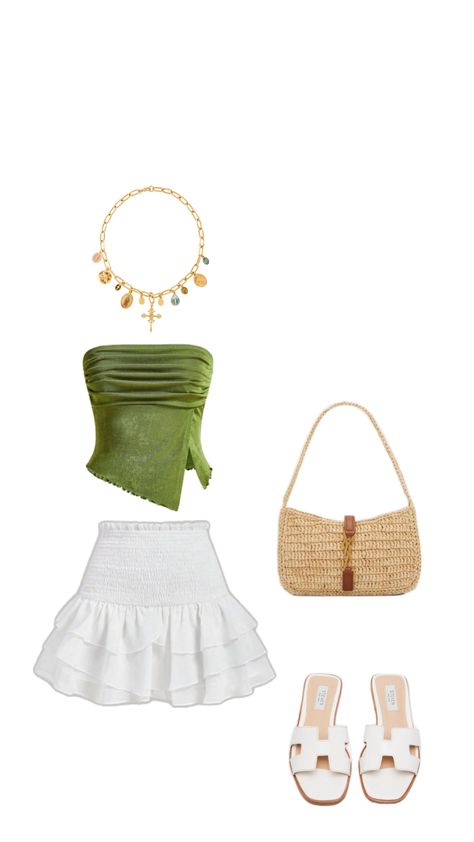 Summer outfit idea, white skirt, green top Green Top White Skirt, Skirt Midsize, Barcelona Outfits, White Skirt Outfits, White Skirt, Green Top, Green Shirt, Green Tops, White Short