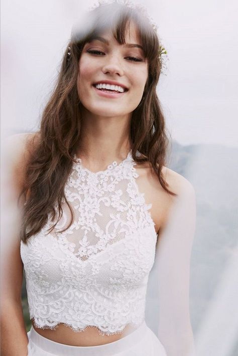 Halter neck sleeveless two piece bridal gowns, crop top bridal gowns #croptop #weddingdress #wedding Wedding Dress Separates, 2 Piece Wedding Dress, Crop Top Wedding Dress, Elegant Wedding Gown, Two Piece Wedding Dress, Wedding Dress Store, White Wedding Gowns, Bridal Tops, Boho Crop Tops