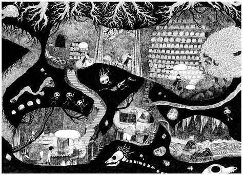 Chemin Perdu. Amélie Fléchais, illustration, art, Amelie Flechais, Underground Illustration, Underground Art, Technical Illustration, Isometric Illustration, Fairytale Illustration, Concept Art Character, Figure Drawing Reference, Black And White Illustration