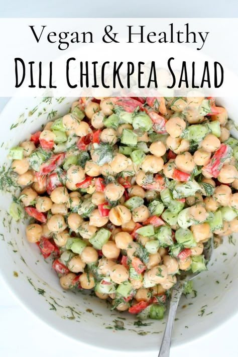 Dill Chickpea Salad, Healthy Dressings, Vegan Chickpea Salad, Vegan Chickpea, Simple Salad, Vegetarian Salads, Grain Bowls, Vegan Salads, Chickpea Recipes