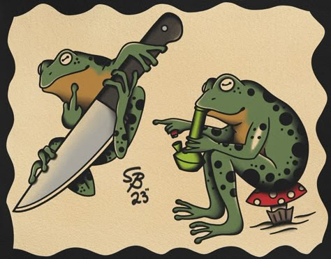 #frog #tattoo #tattooideas #tattooart #americantraditionaltattoos #knife #bongrips Frog With Knife Tattoo, Trippy Frog Tattoo Ideas, Bull Frog Tattoo, Traditional Frog Tattoo Flash, Frog Traditonal Tattoo, Neo Traditional Frog, American Traditional Frog Tattoo, Traditional Frog Tattoo, Banjo Frog