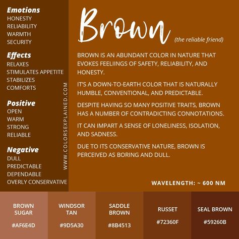 Color Brown Meaning, Brown Color Theory, Complementary Colors To Brown, Brown Colour Meaning, Brown Aura Meaning, Brown Color Meaning, Brown Meaning, Brown Color Names, Color Magick